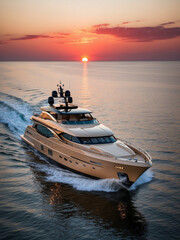 A gleaming luxury yacht gracefully navigating the tranquil waters as the sun sets on the horizon.