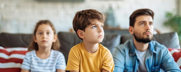 A father and his children sitting together, focused and contemplative, capturing a moment of togetherness and harmony at home.