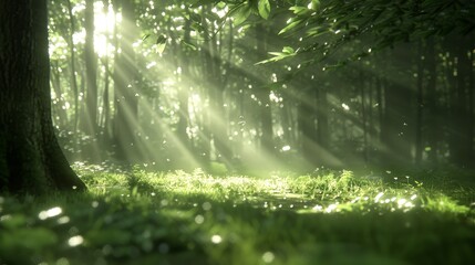 Fototapeta premium Sunlit Spring Forest: Lush Greenery with Birds, Shadows, and Light Play