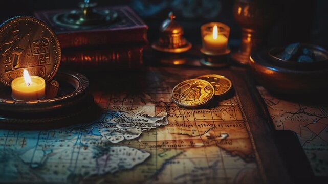 An antique ancient coin, Seamless 4K looping virtual video animation background