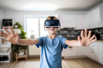 Portrait of a schoolboy with a VR headset on his head. Elementary school children exploring robotics with modern technology and virtual reality