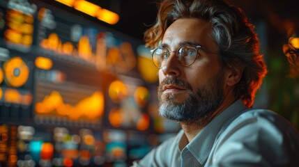 Obraz premium Professional Man Analyzing Financial Data On Digital Screens At Night. Generative AI