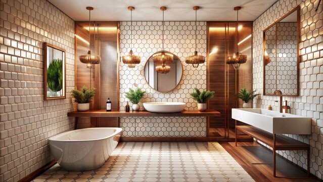 Interior design of a luxury bathroom restaurant. Minimalistic and elegant style. white tiles with organic patterns and copper colors. Generative AI.