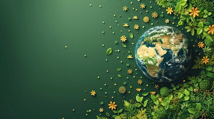 Earth surrounded by renewable energy symbols minimal icon flat green background art space for text
