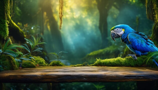 backdrop de floresta amazonica com uma arara azul ao fundo e mesa feita de madeira repleta de musgos