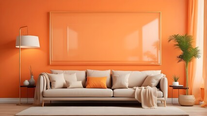 Picture famous mockup on an orange wall in a contemporary living room, translucent wall art mock-up