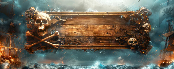 An empty wooden board decorated with a skull and crossbones, set against a backdrop of a pirate ship and stormy seas, evoking a spooky pirate Halloween theme