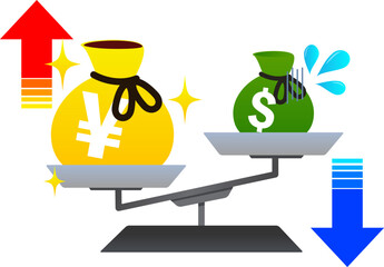 Simple illustration of yen appreciation and dollar depreciation with arrows