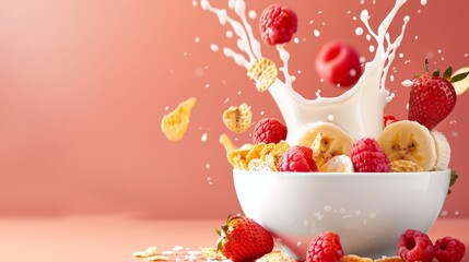 Tempting Gourmet Cereal Breakfast with Fresh Fruits and Milk Splash on Pastel Orange Table | Studio Food Photography