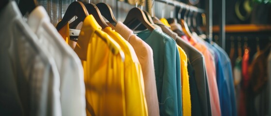Obraz premium Professional Dry Cleaning Service: Pristine Garments Hanging in Organized Rows. Showcasing Expert Fabric Care, Clothing Maintenance, and Specialized Cleaning Techniques. Illustrating Quality Garment P