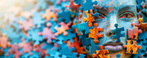 Puzzle pieces forming a human face, meaning of life, self-discovery and identity