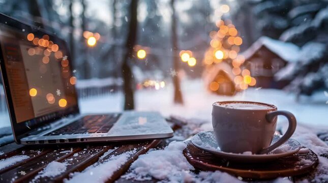 Coffee and laptop on a table with a picturesque winter landscape visible through the window, creating a cozy and productive atmosphe Seamless looping 4k time-lapse virtual video animation Generated AI