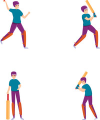 Batsman character icons set cartoon vector. Cricket player with bat and bowler. Sport, hobby