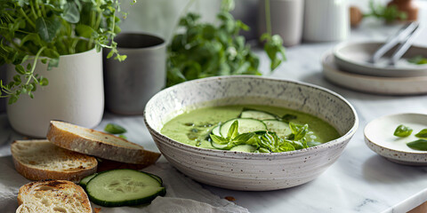Green gazpacho made from cucumbers, avocado, and herbs, served in a bowl with a side of crusty bread, set on a bright and airy kitchen counter.