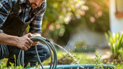 Naklejka premium Man Fixing a Leaky Garden Hose for Outdoor Home Maintenance and Water Conservation
