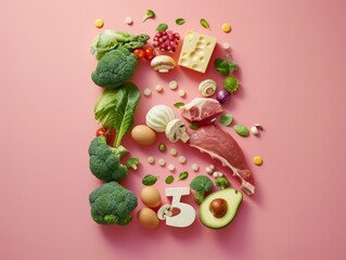 Obraz premium Medium shot of products 'citrus fruits (oranges, lemons), strawberries, kiwi, broccoli, peppers, cabbage' form a letter 'C', themed background,