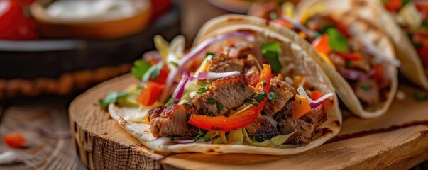 Fototapeta premium Delicious taco filled with grilled meat, fresh vegetables, and vibrant herbs on a rustic wooden board.