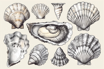 Shellfish seafood, hand drawn set. Oysters, mussels, scallop and other. Engraving style