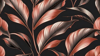 seamless wallpaper of illustrated plant leaves, copper and black colors, sleek, elegant