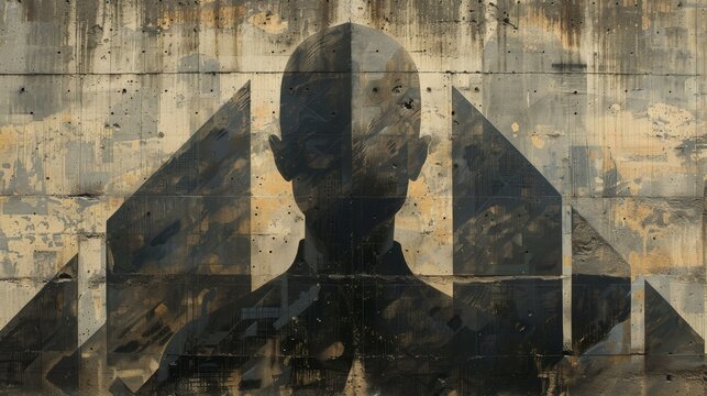 street art exploration, mysterious urban graffiti features a faceless character against a surreal backdrop of geometric shapes, prompting viewers to explore the hidden secrets within the art