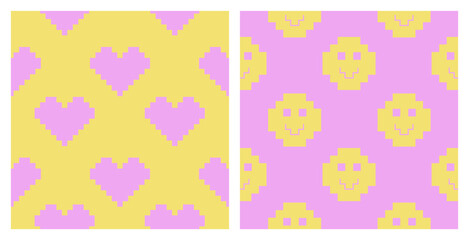 Pixel Y2k retro seamless pattern set. 90's trendy playful art: hearts, smiley in yellow and pink colours. 8-bit aesthetics vector illustration. Naive Simple geometric form. 