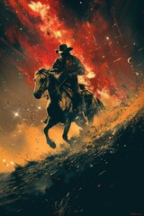 Fototapeta premium Lone cowboy riding at night under a starry sky