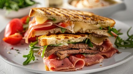 A delicious grilled sandwich stacked with ham, beef, cheese, and fresh greens, perfect for a hearty meal or snack.