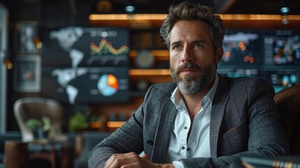 Fototapeta premium Businessman Analyzing Data in Modern Office With Digital Displays During Late Afternoon. Generative AI