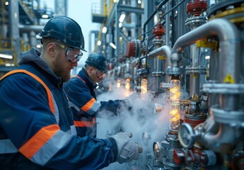 Engineers working on carbon capture units attached to a refinery, showcasing the technological complexity of the equipment