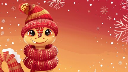 Cute cartoon snake in knitted hat, New Year's card in red and gold colors.Merry Christmas 2025