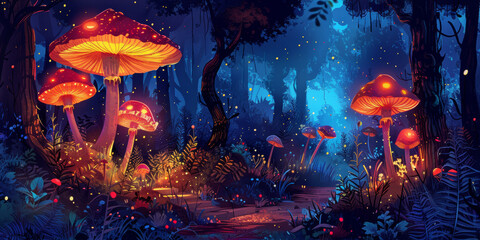 fantasy forestillustration, fantasy doodle art background depicting an enchanted forest filled with mystical creatures and glowing mushrooms