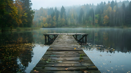 Rustic wooden pier stretching out over tranquil lake waters under an overcast sky.