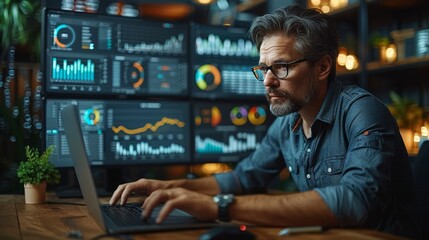 Focused Data Analyst Working Late at Night on Multiple Screens in Modern Office. Generative AI