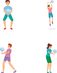 Volleyball sport icons set cartoon vector. People playing volleyball together. Sport, healthy lifestyle