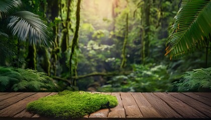 backdrop de floresta amazonica e mesa feita de madeira repleta de musgos