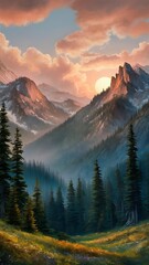 Obraz premium Landscape wallpaper design, oil painting, mountain and trees, mural art