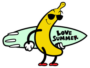 Yellow Banana cartoon characters wearing sunglasses and carrying a surf board with 