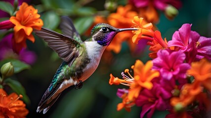Close-up macro photo of a hummingbird eating nectar from a vibrant flower as it is in midair. Background Wallpaper for Nature Photography