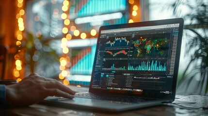 Analyzing Data Trends on a Laptop in a Cozy Coffee Shop at Night. Generative AI