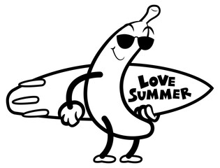 Funny Banana cartoon characters wearing sunglasses and carrying a surf board with 