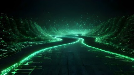 Digital road lit up by a binary code matrix in green. digitally isolated twisting road against a dark background