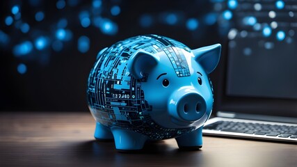 Investment platforms, budgeting applications, financial management systems, and customized savings plans all include a blue digital piggy bank with a binary code stream and artificial intelligence.