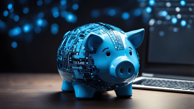 Investment platforms, budgeting applications, financial management systems, and customized savings plans all include a blue digital piggy bank with a binary code stream and artificial intelligence.