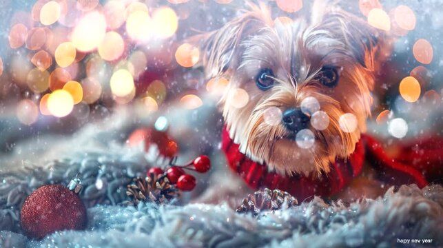 a festive wallpaper featuring cute dog dressed in Santa hats and scarves, christmas decoration tree. seamless looping time-lapse virtual 4k video animation background