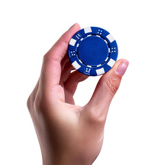 A hand holding a blue poker chip, symbolizing gambling and chance in a casino setting.