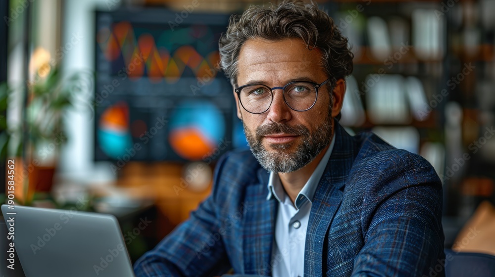 Wall mural Professional Man in a Smart Suit Working on a Laptop in a Modern Office Decorated With Plants. Generative AI