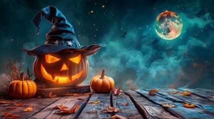 halloween background with pumpkins by night and a big moon
