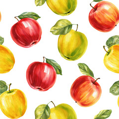 Colorful apples. Seamless pattern watercolor botanical painting. Kitchen design for fabric, textile, paper, wallpaper
