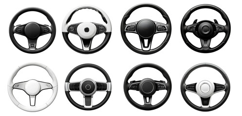Set of different steering wheels arranged in a grid, highlighting various designs and styles commonly used in automobiles