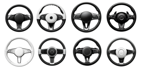 Set of different steering wheels arranged in a grid, highlighting various designs and styles commonly used in automobiles
